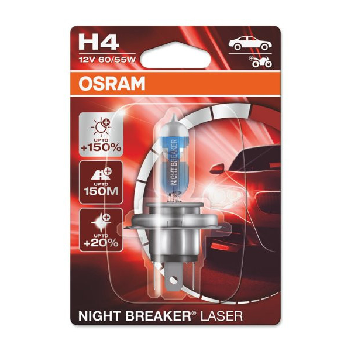 OSRAM Autolampe NIGHT BREAKER LASER +150% H4 60/55W 12V P43T, 1 Stück