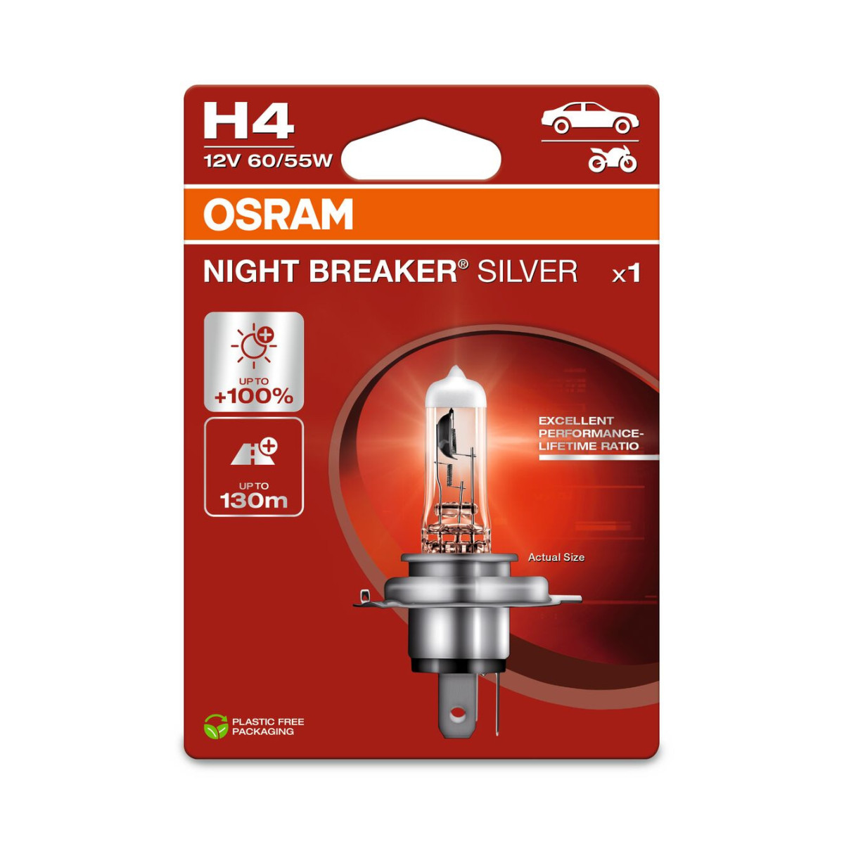 OSRAM Autolampe NIGHT BREAKER SILVER +100% H4 60/55W 12V P43T, 1 Stk.