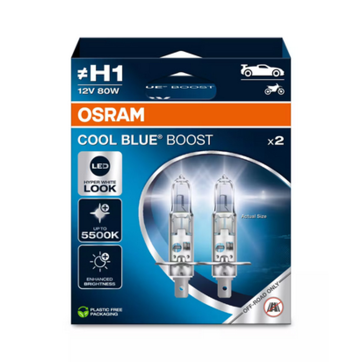OSRAM Autolampen COOL BLUE BOOST H1 80W 12V P14.5S, 2 Stück