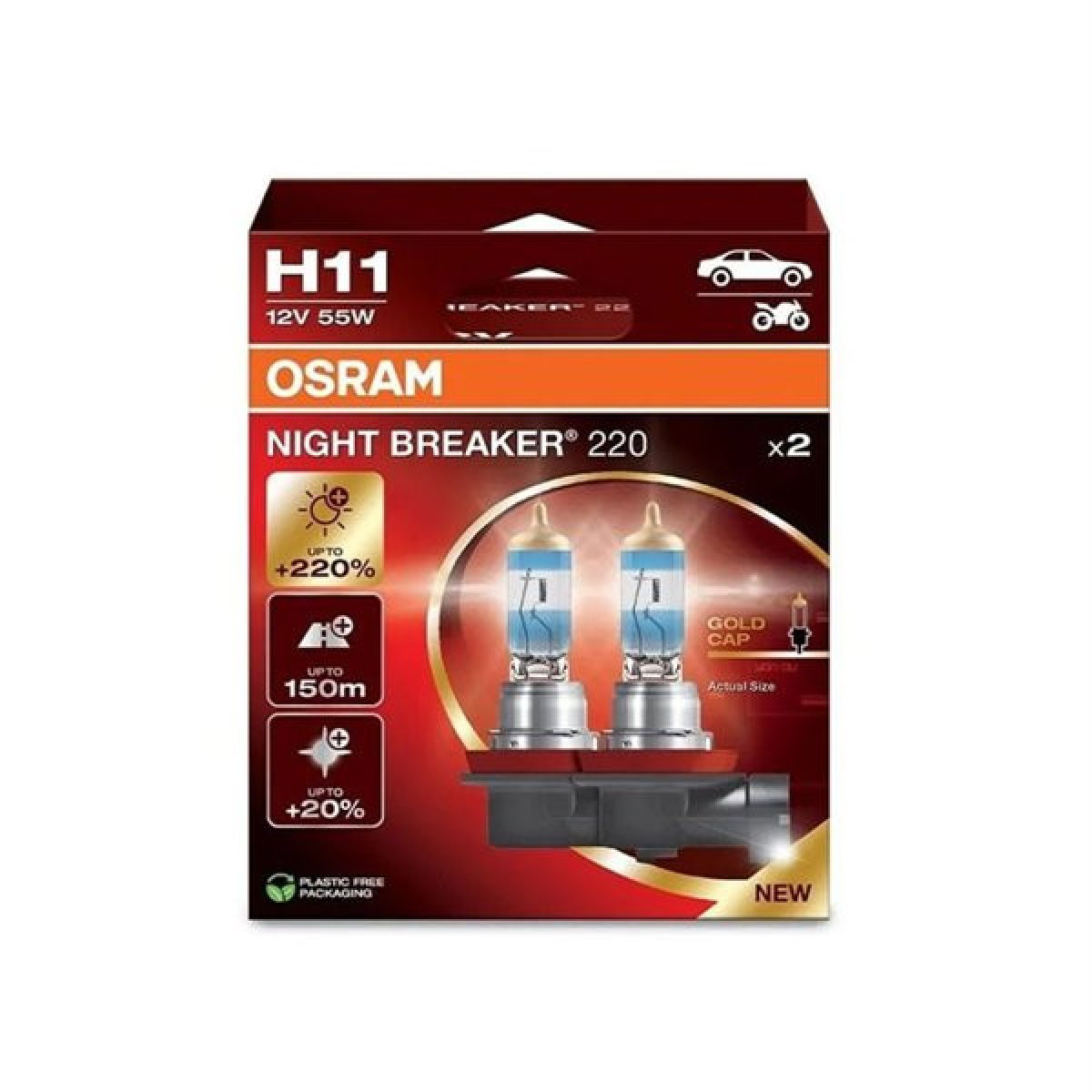 OSRAM Autolampen NIGHT BREAKER +220% H11 55W 12V PGJ19-2, 2 Stück