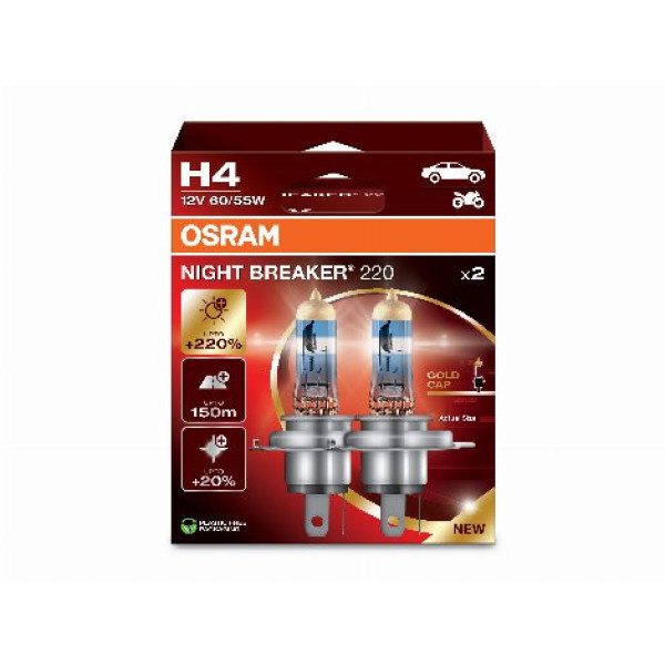 OSRAM Autolampen NIGHT BREAKER +220% H4 60/55W 12V P43T, 2 Stück