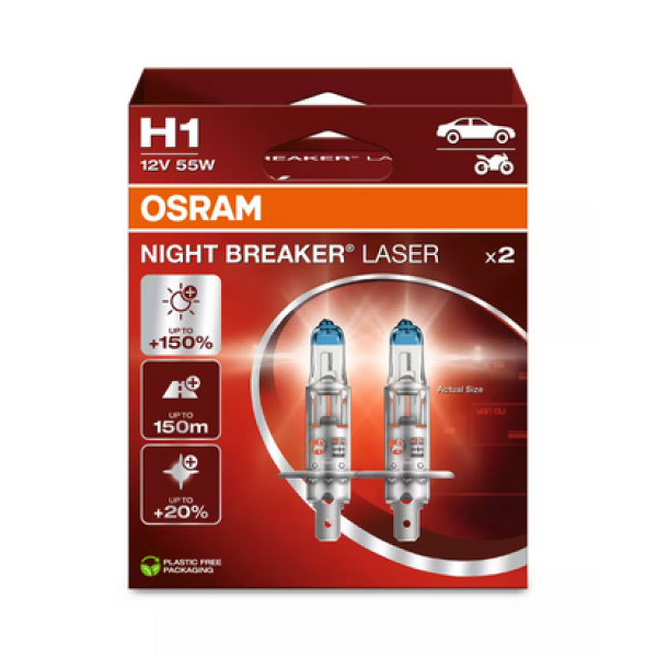 OSRAM Night Breaker Laser +150% H1 P14.5S, Autolampen, 55 W, 12 V, 2 Stück