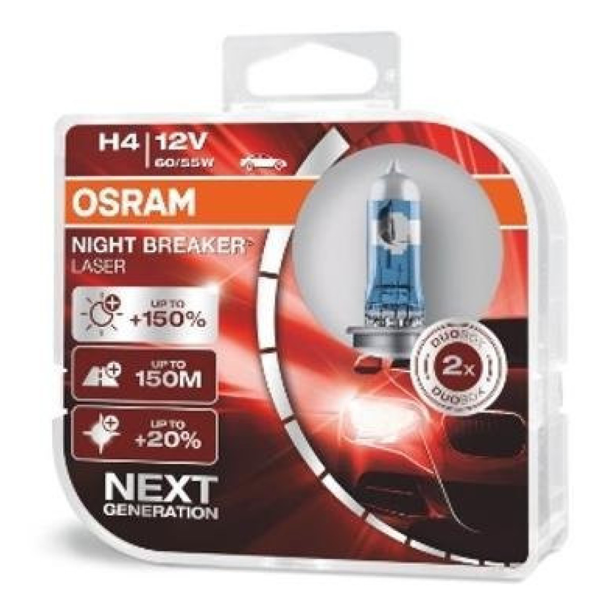 OSRAM Autolampen NIGHT BREAKER LASER +150% H4 60/55W 12V P43T, 2 Stück