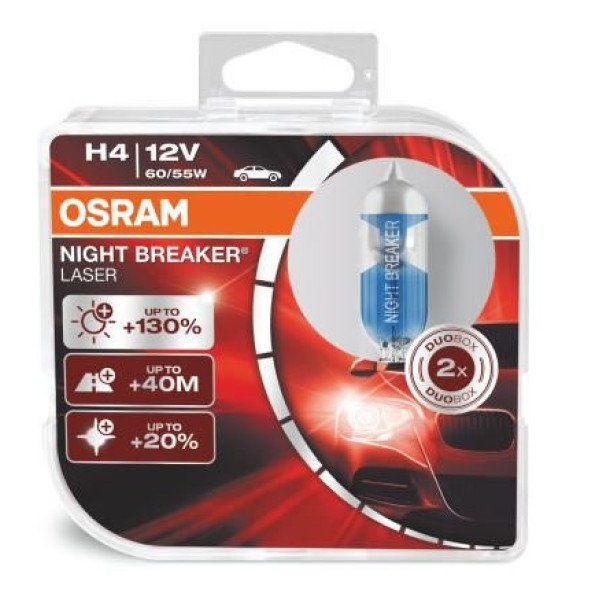 OSRAM Autolampen Night Breaker Laser H4 60/55W 12V P43T, 2 Stück