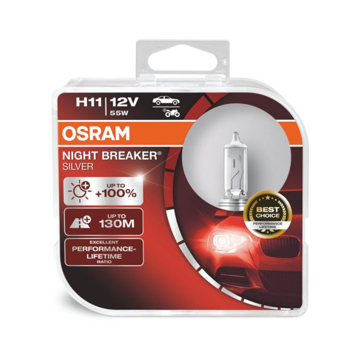OSRAM Night Breaker Silver +100% PGJ19-2, Autolampen, H11 55W 12V, 2 Stück