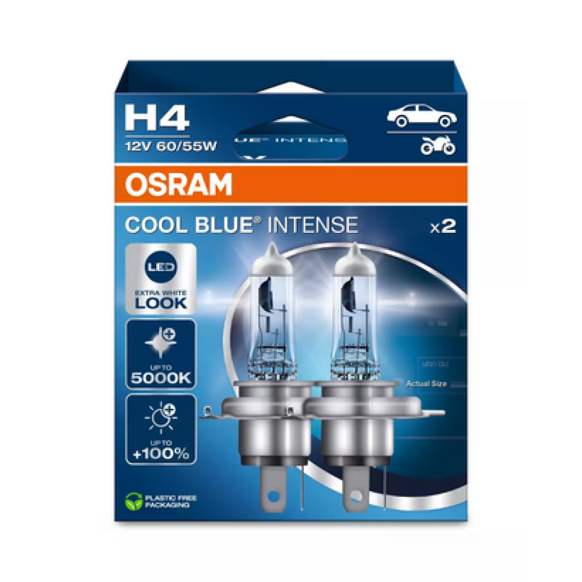 OSRAM Autolampen COOL BLUE INTENSE H4 NEXT GEN 5000K 60/55W 12V P43T, 2 Stück