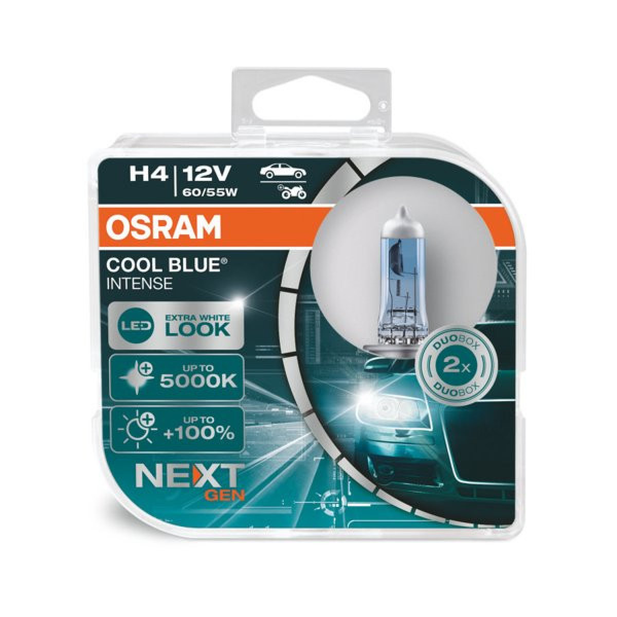 OSRAM Autolampen COOL BLUE INTENSE H4 NEXT GEN 5000K 60/55W 12V P43T, 2 Stück