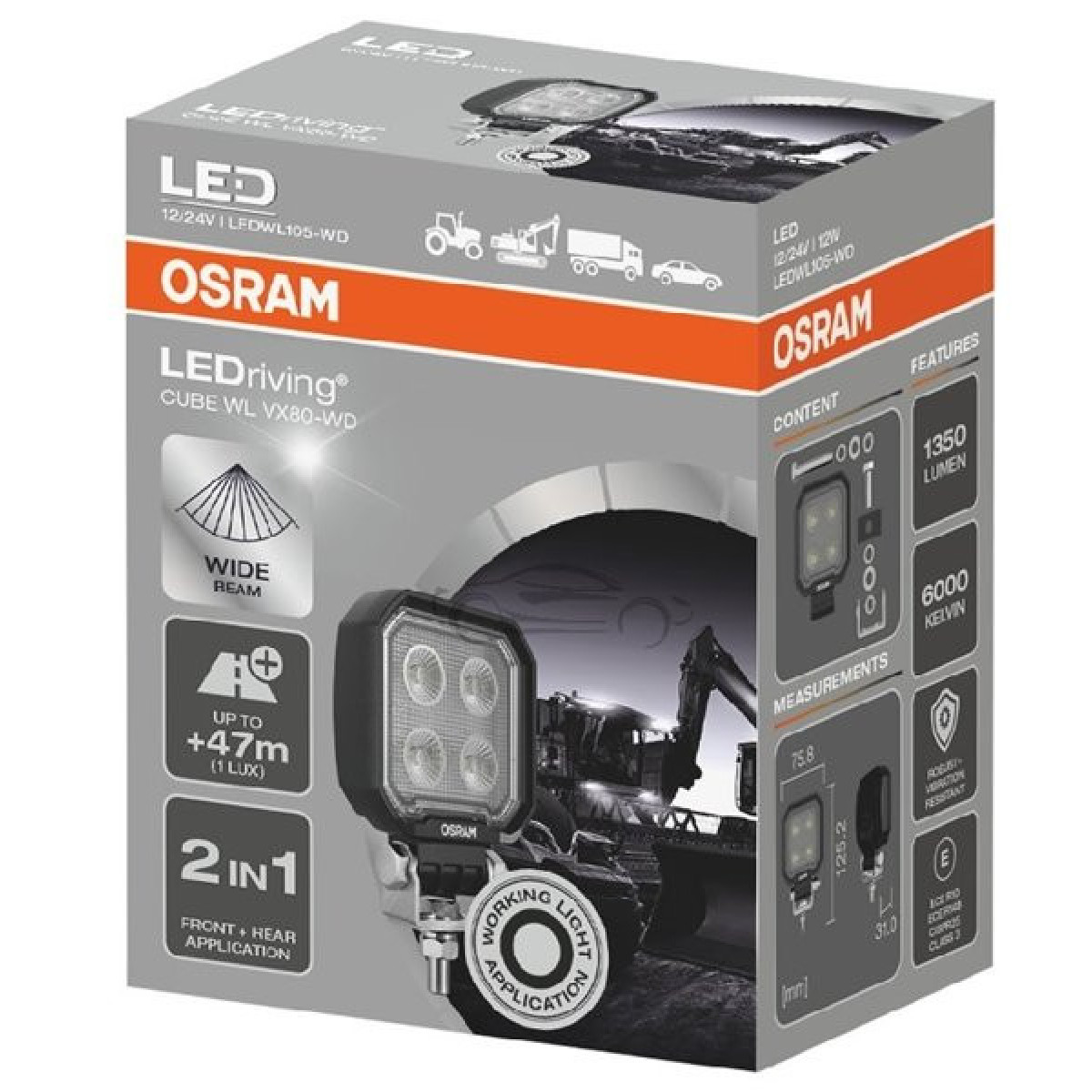 Osram LEDriving® Würfelleuchte, WL VX80-WD 12/24V 12W 47m, langer Strahl, 1350lm Osram LEDriving® Würfelleuchte, WL VX80-WD 12/24V 12W 47m, langer Strahl, 1350lm