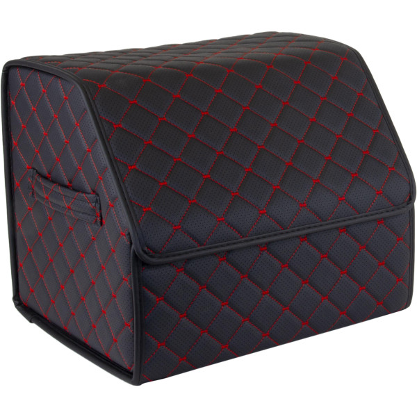 EVAtech Kofferraum-Organizer ECO S 30x30x35 cm - schwarz / schwarze Kanten / rote Nähte / rotes Innenleben