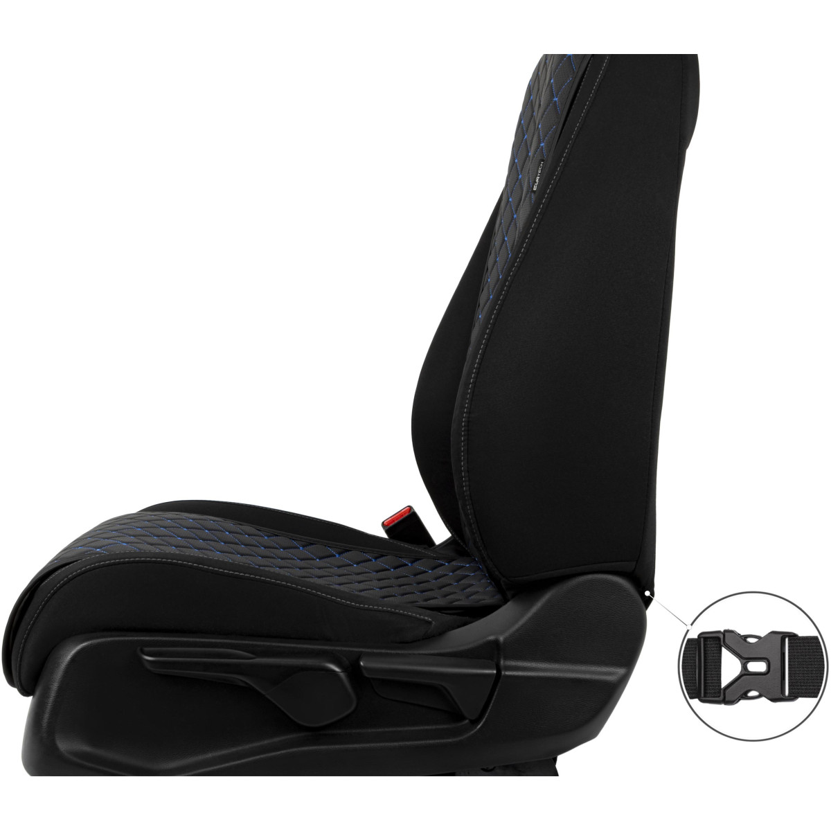 EVAtech ECO Basic Autositzbezüge, 2 Stk.- schwarz / schwarze Kanten / blaue Nähte EVAtech ECO Basic Autositzbezüge, 2 Stk.- schwarz / schwarze Kanten / blaue Nähte