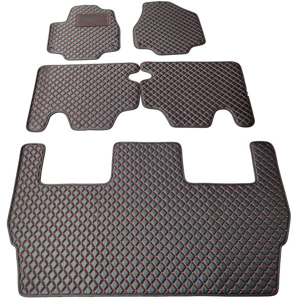 Fußmatten aus Kunstleder QuiltyMats CHRYSLER PACIFICA seit 2016 (I, II und III eilės, 5 Stk.) (Schwarz / rote nähte)