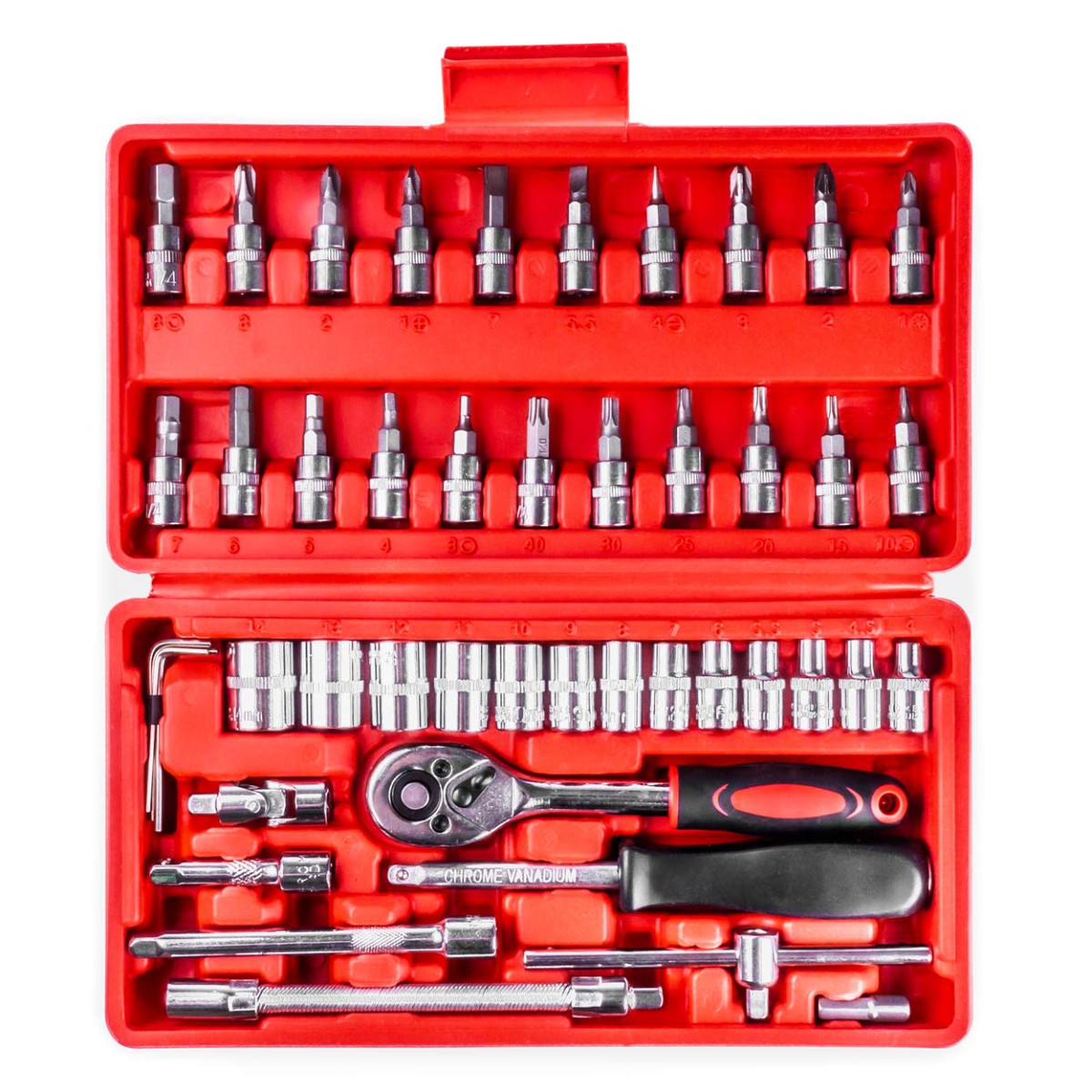 1/4"-Steckschlüssel- und Schraubenschlüsselsatz, 46-teilig, Cr-V, AMIO-03136