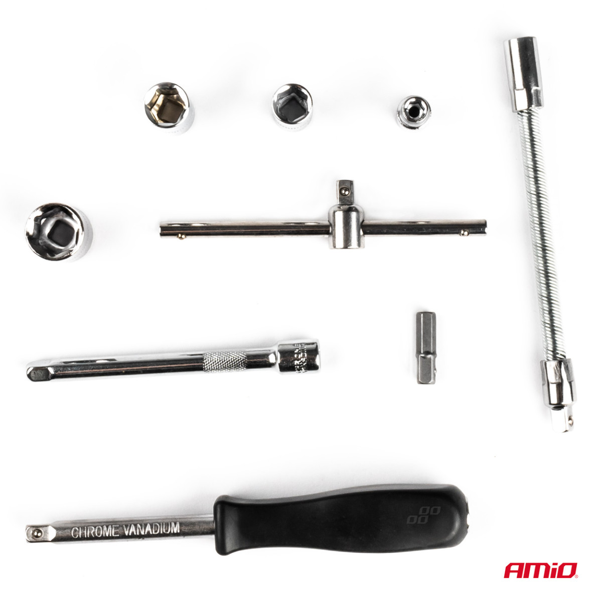 1/4"-Steckschlüssel- und Schraubenschlüsselsatz, 46-teilig, Cr-V, AMIO-03136