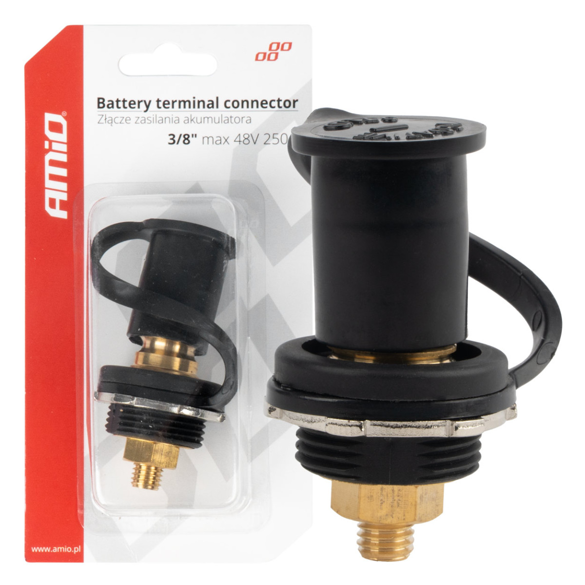 Schwarzer Minuspol-Batterieanschluss mit Kappe 3/8 M10 12/24/48V 250A, AMIO-03813