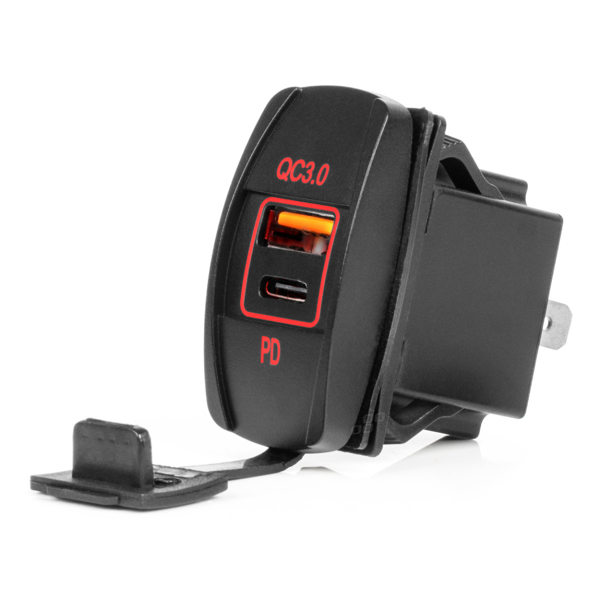 Wasserdichtes Handy-Ladegerät mit roter LED-Beleuchtung, USB + USB-C QC3.0 12/24V AMIO-04229