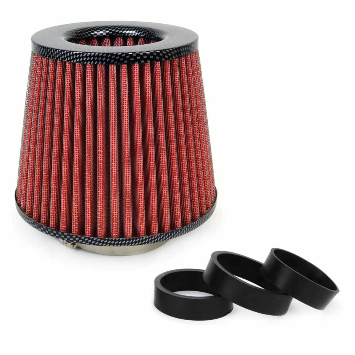 Konischer Luftfilter für Autos, universell, rot/carbon, mit 3 Adaptern, AMIO-01713