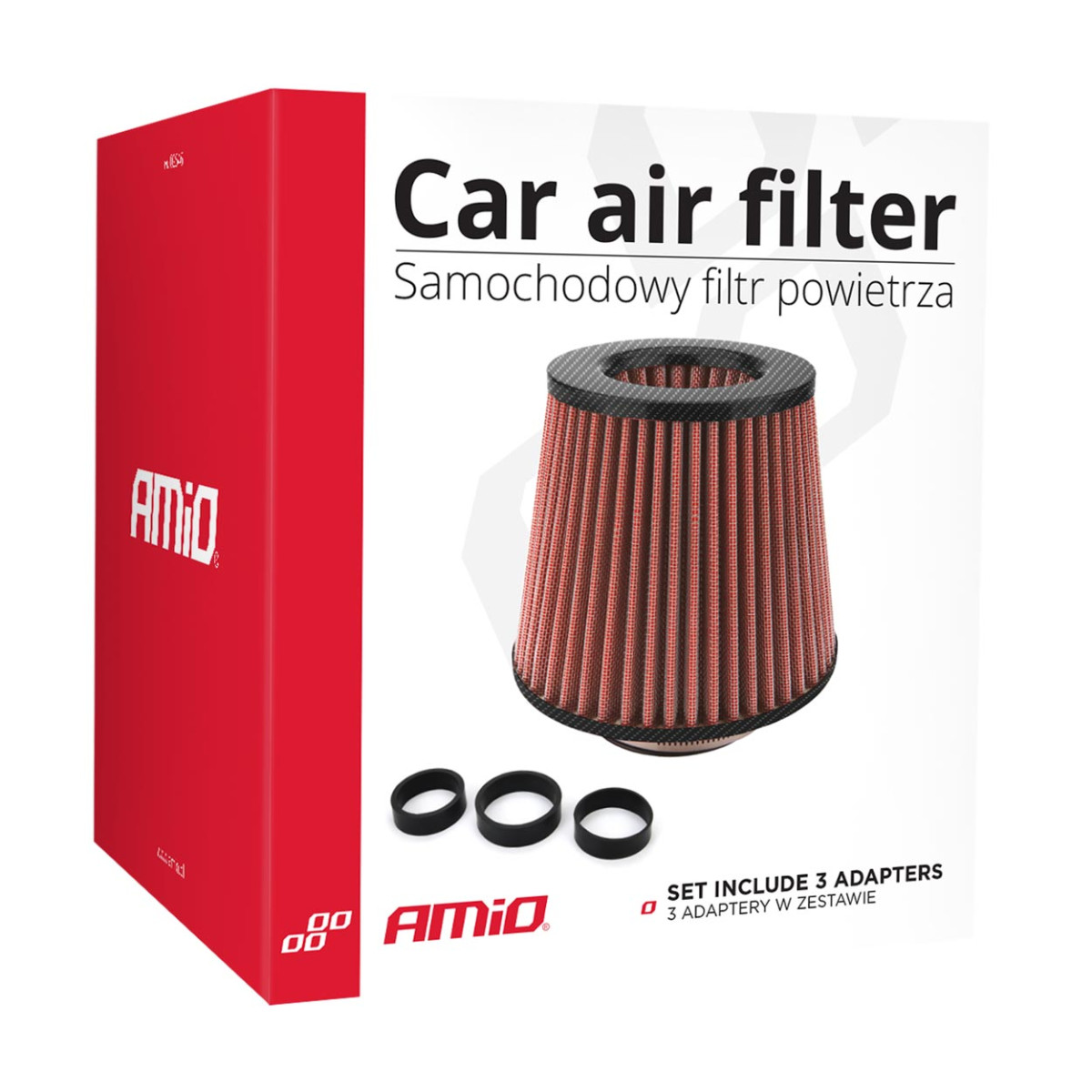 Konischer Luftfilter für Autos, universell, rot/carbon, mit 3 Adaptern, AMIO-01713