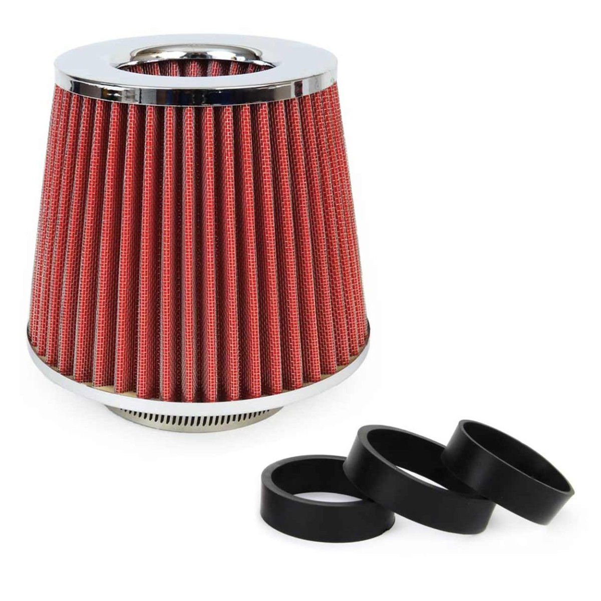 Konischer Luftfilter für Autos, universell, rot/chrom, mit 3 Adaptern, AMIO-01282