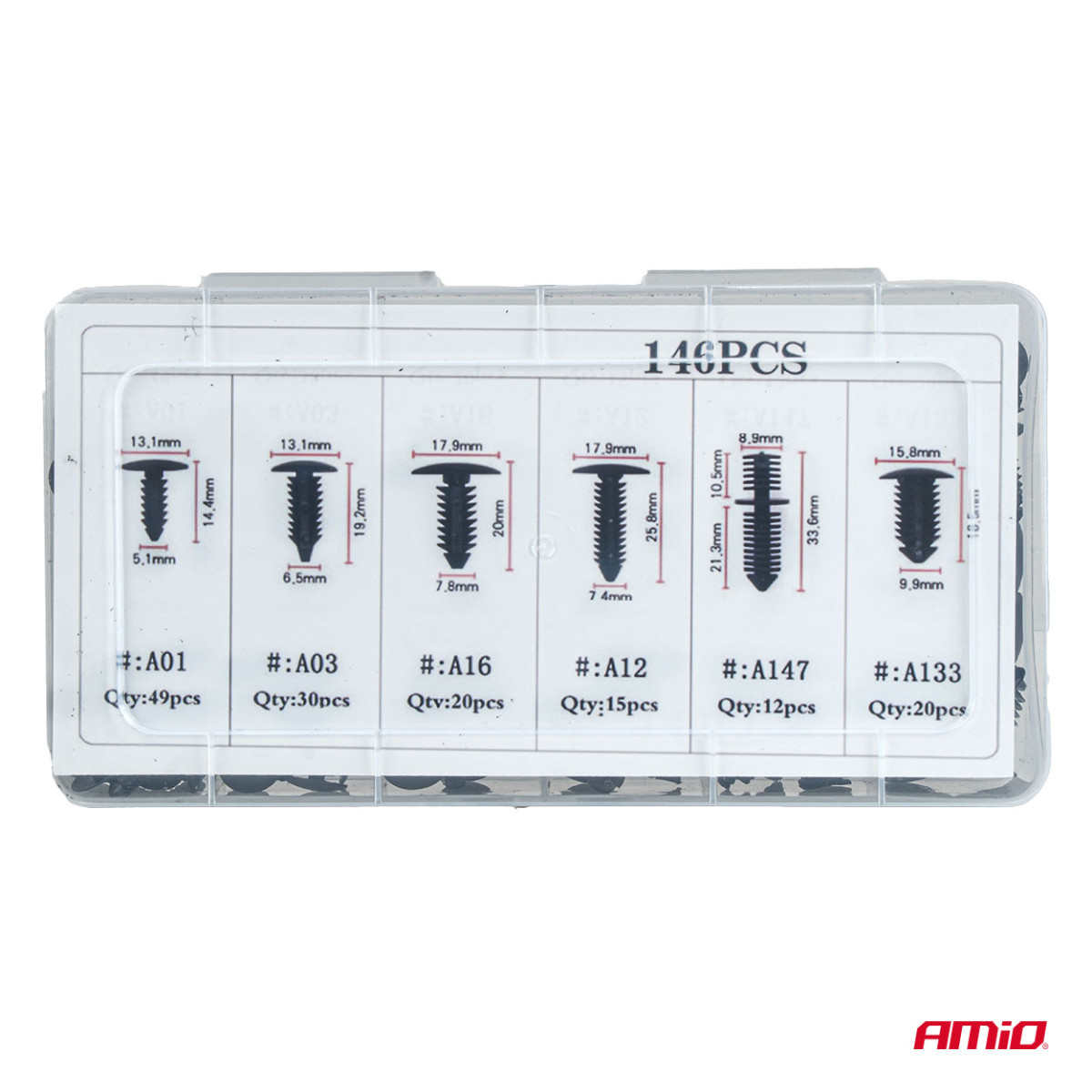 Kfz-Befestigungsstifte und -clips, 146-teilig. AMIO-04735