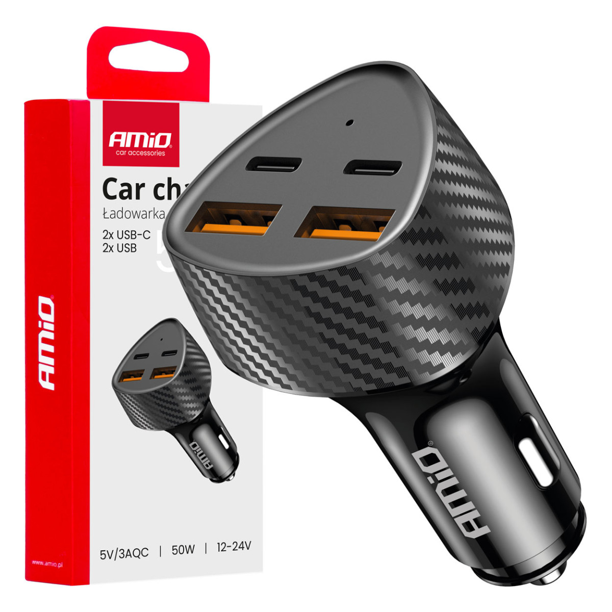 Kfz-Ladegerät 50W 2xUSB-A + 2xUSB-C AMIO-04284