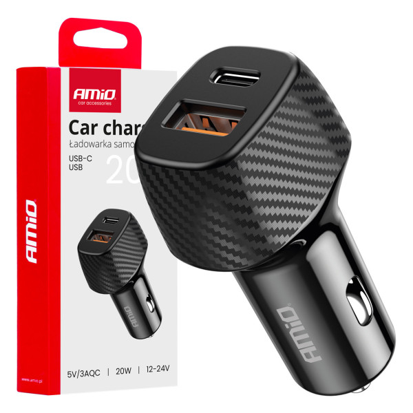 Kfz-Ladegerät QC+PD 20W USB-A + USB-C AMIO-04282