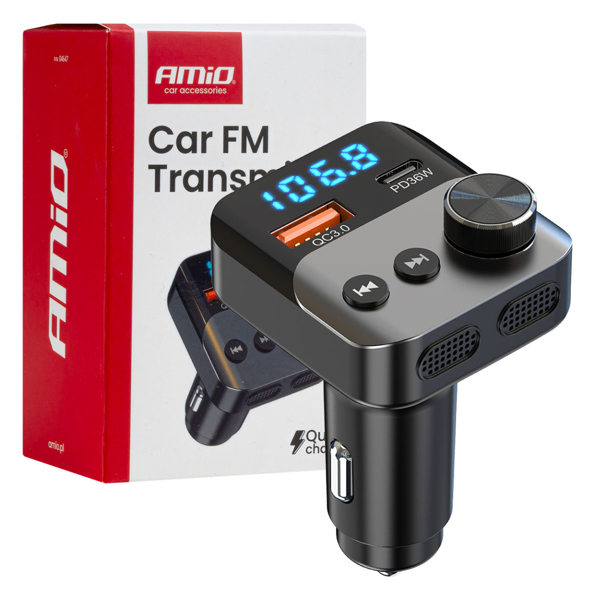 FM-Transmitter fürs Auto, 1×USB-A 1×USB-C 12V 24V AMIO-04647