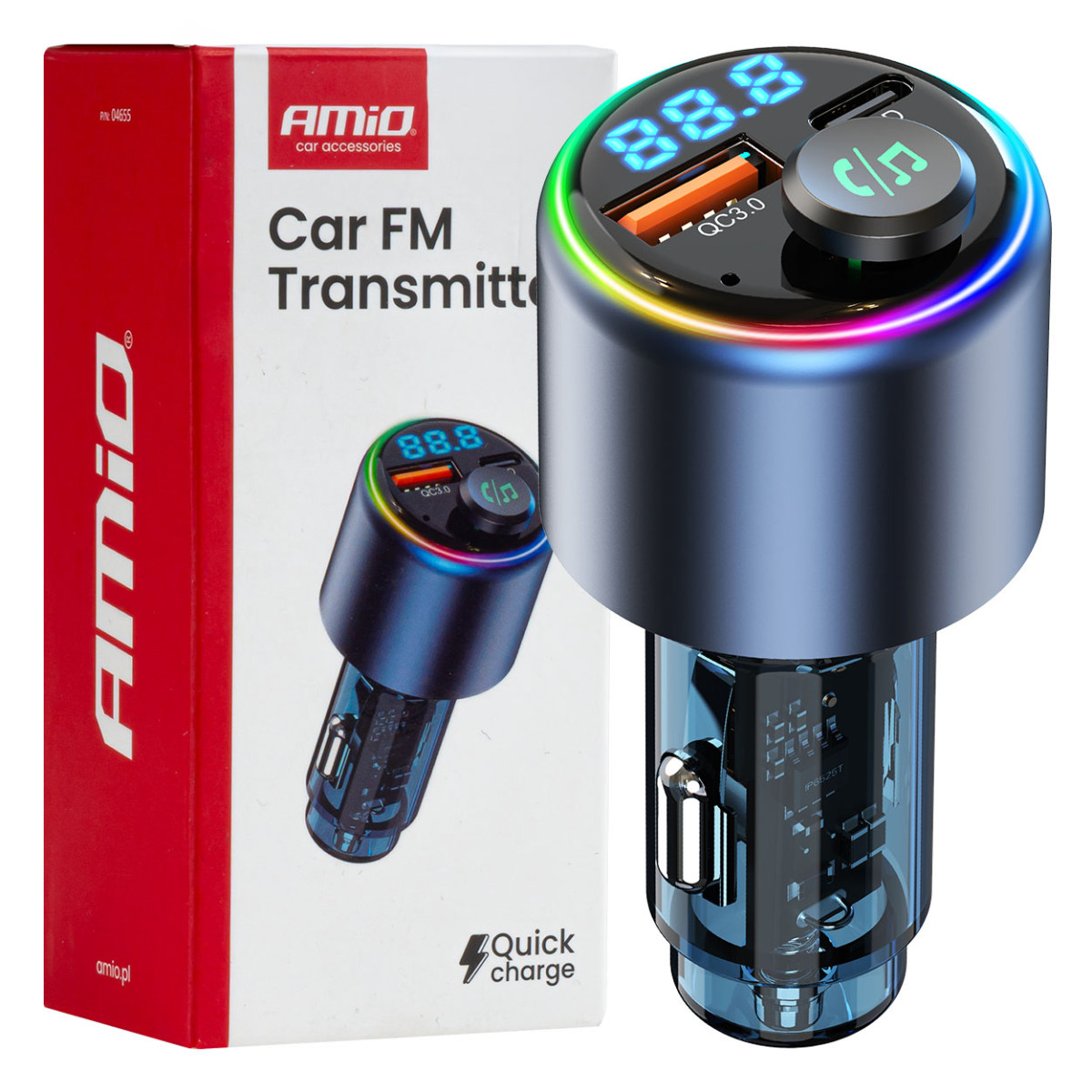 FM-Transmitter fürs Auto, 1×USB-A 1×USB-C 12V 24V AMIO-04655