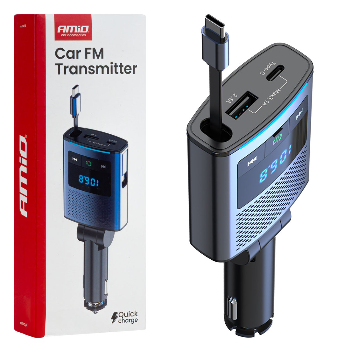 FM-Transmitter fürs Auto, 1×USB-A 1×USB-C 12V 24V AMIO-04656