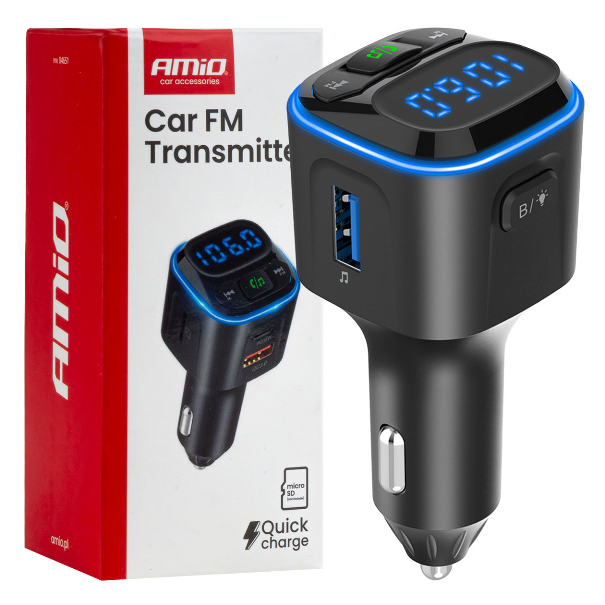 FM-Transmitter fürs Auto, 1×USB-A 2×USB-C 12V 24V AMIO-04651