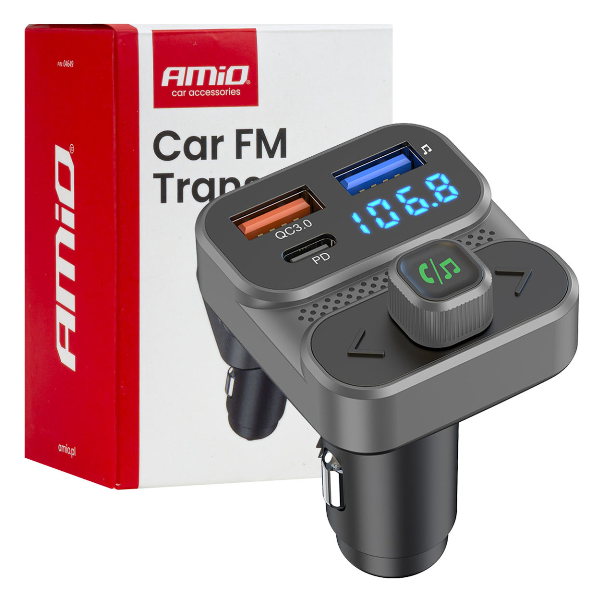 FM-Transmitter fürs Auto, 2×USB-A 1×USB-C 12V 24V AMIO-04649