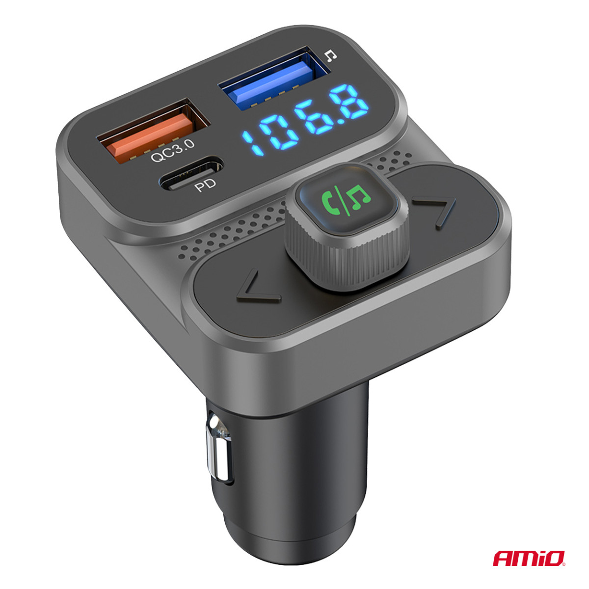 FM-Transmitter fürs Auto, 2×USB-A 1×USB-C 12V 24V AMIO-04649