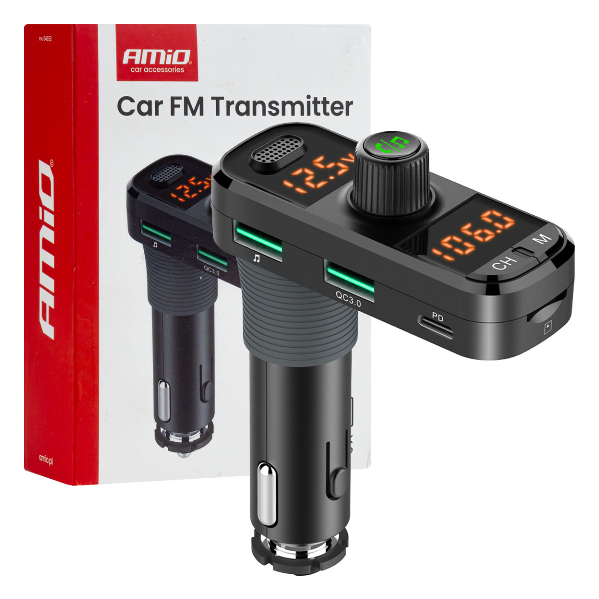 FM-Transmitter fürs Auto, 2×USB-A, 1×USB-C, microSD, 12V/24V, AMIO-04653