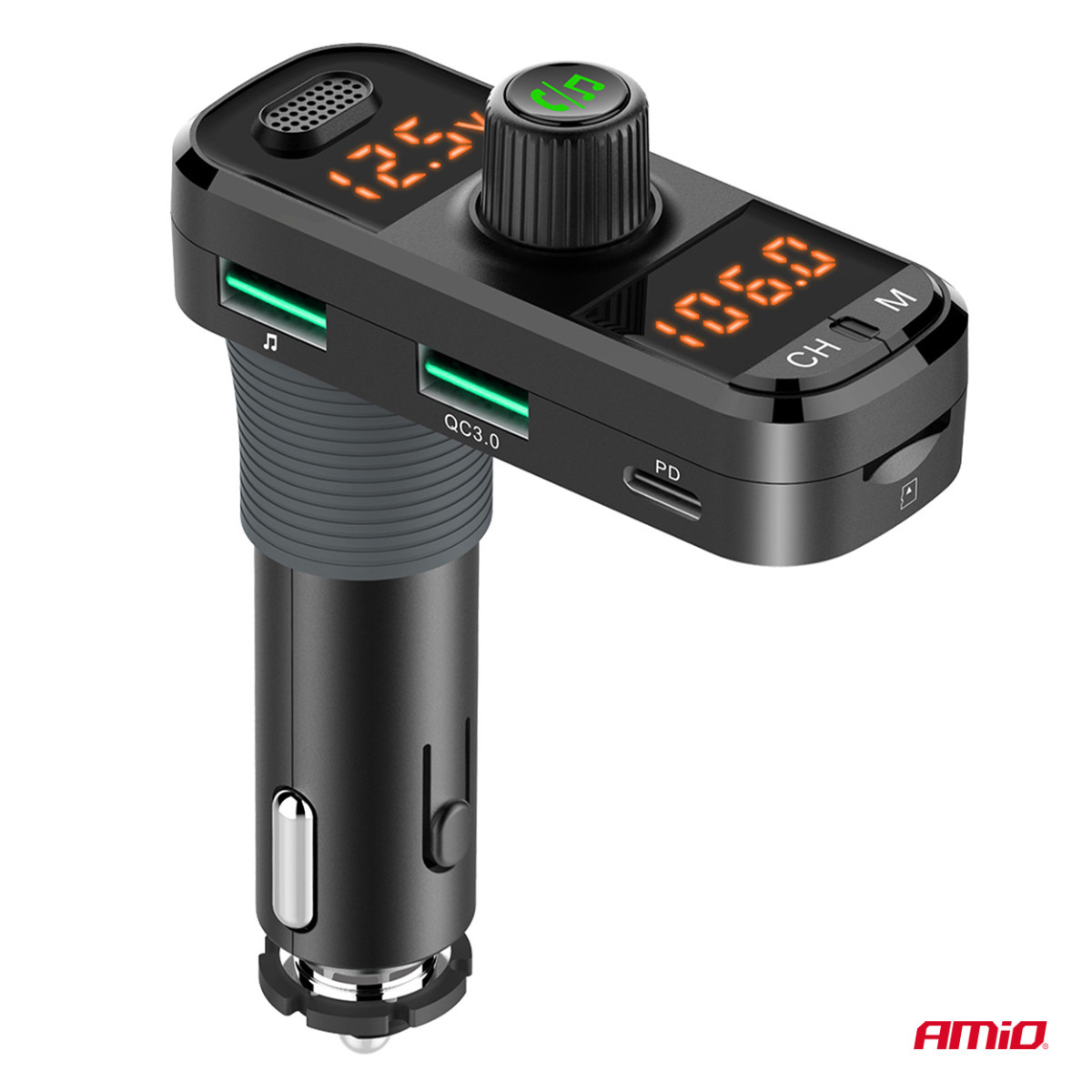 FM-Transmitter fürs Auto, 2×USB-A, 1×USB-C, microSD, 12V/24V, AMIO-04653