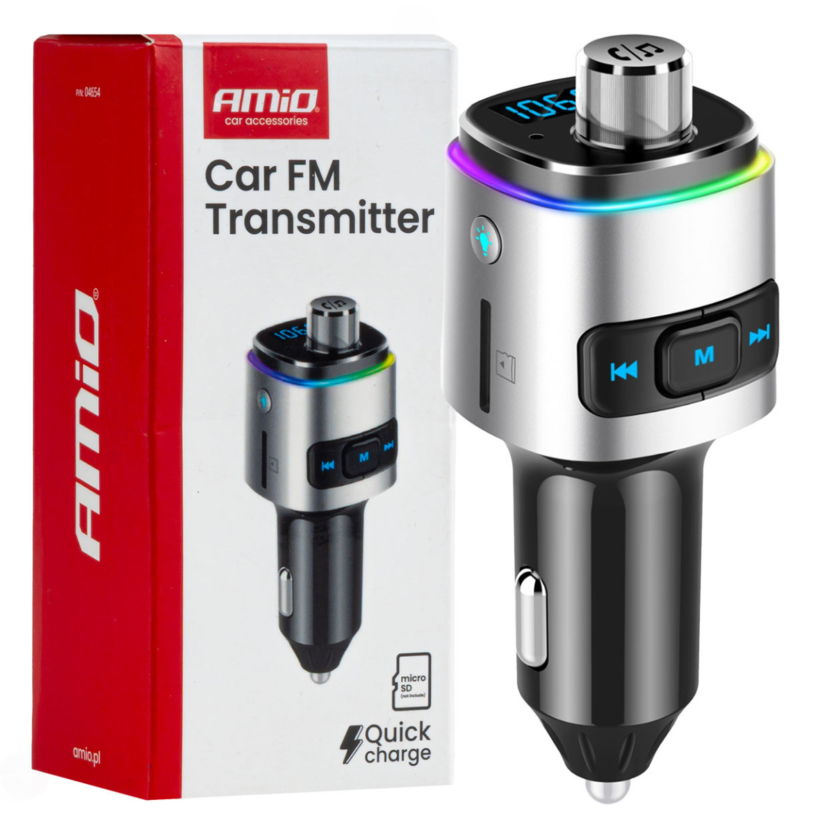 FM-Transmitter fürs Auto, 2×USB-A microSD 12V 24V AMIO-04654