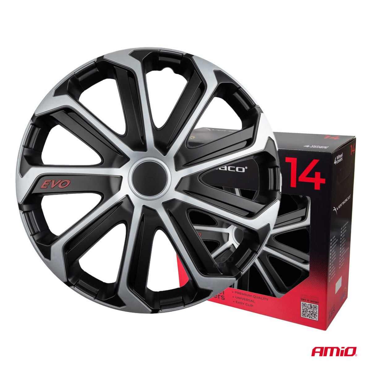 Radkappen, 4-teilig, EVO, schwarz & silber, 14 Zoll