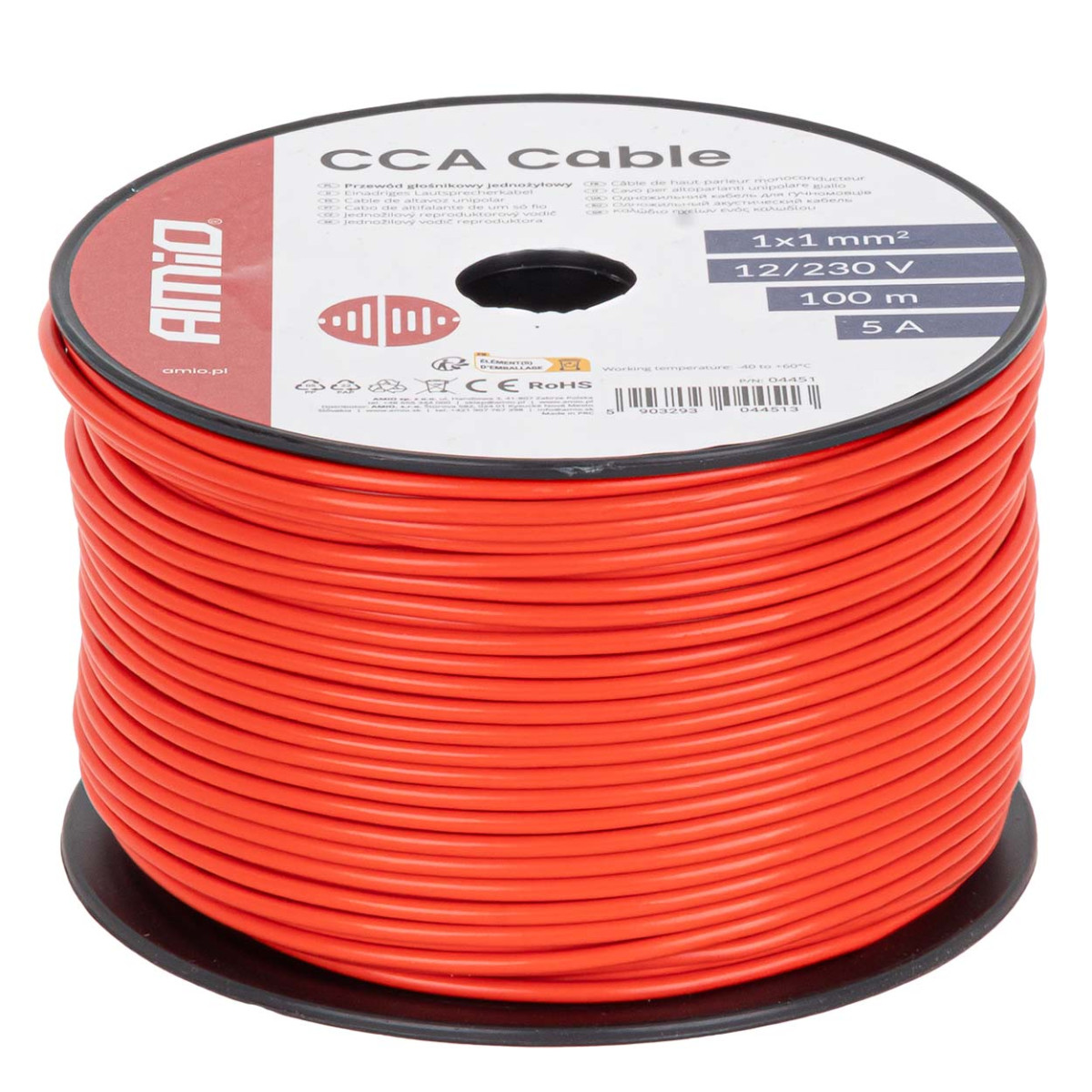 Einadriges CCA-Kabel, rot, 1x1mm² 100m 5A 12/230V AMIO-04451