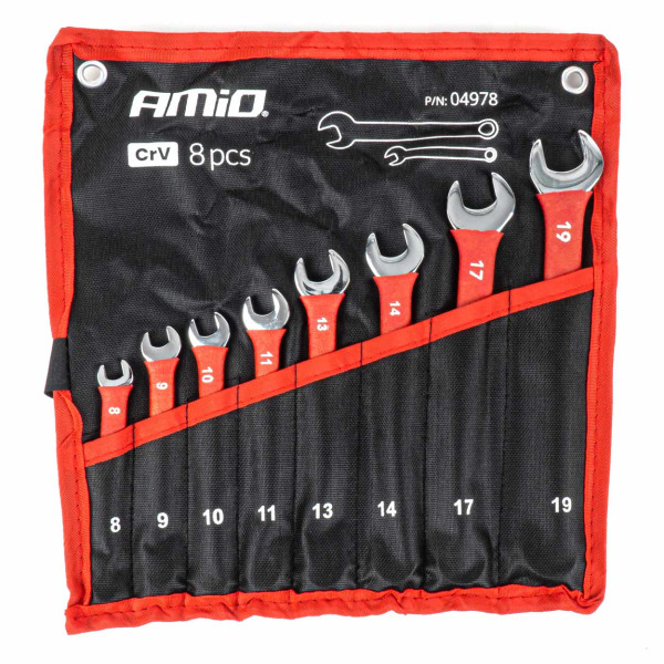 Kombinationsschlüsselsatz, 8–19 mm, CrV, 8-teilig, AMIO-04978 Kombinationsschlüsselsatz, 8–19 mm, CrV, 8-teilig, AMIO-04978