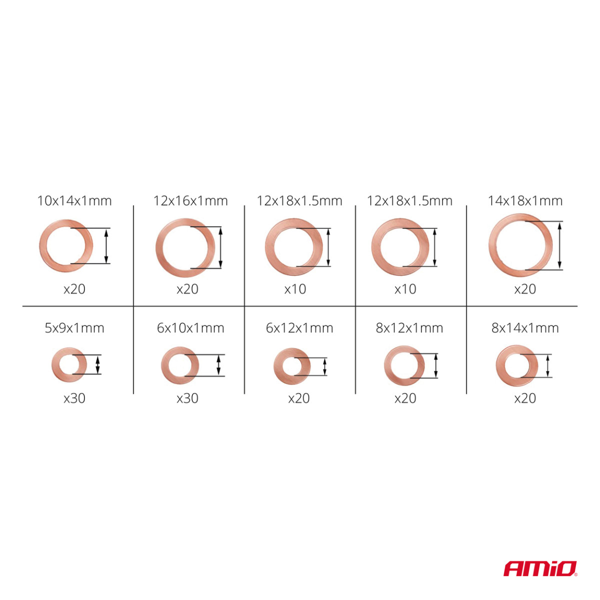 Kupferdichtungssatz, 200 Stück. AMIO-03108