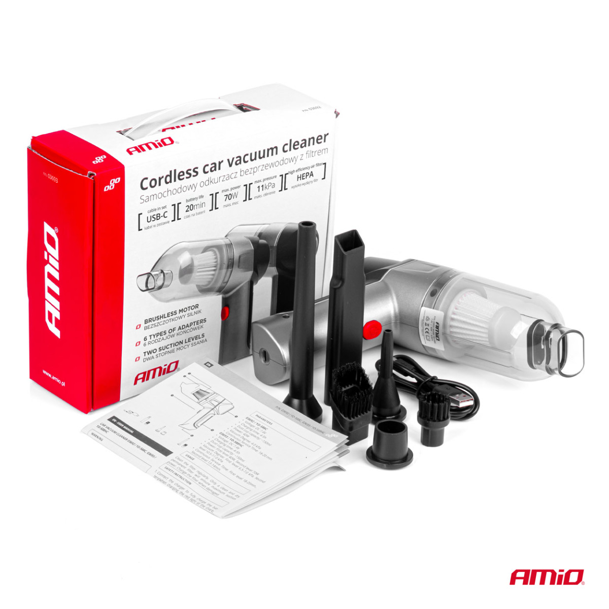 Akku-Autostaubsauger 70 W, 4000 mAh, mit HEPA-Filter, 11 kPa AMiO-03693