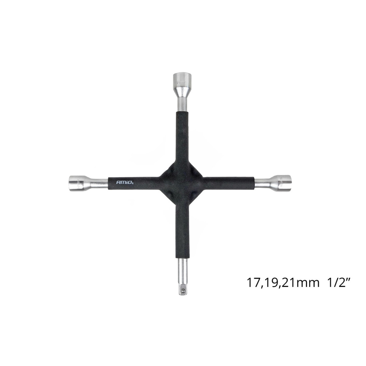 Kreuzförmiger Radmutternschlüssel 17–19–21 mm, 1/2", gummiert, AMIO-02402