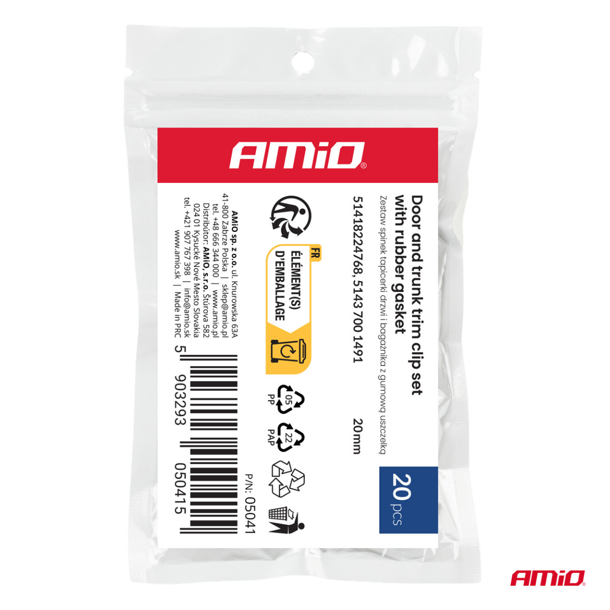 Clips-Set für Tür- und Kofferraumverkleidung mit Gummidichtung 20 mm, 20 Stück, AMIO-05041