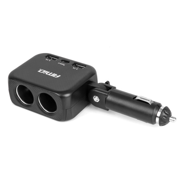 Zweifach-Zigarettenanzünder-Verlängerung mit Ladegerät 2×USB-A + USB-C 12/24V 100W 180° AMIO-04357