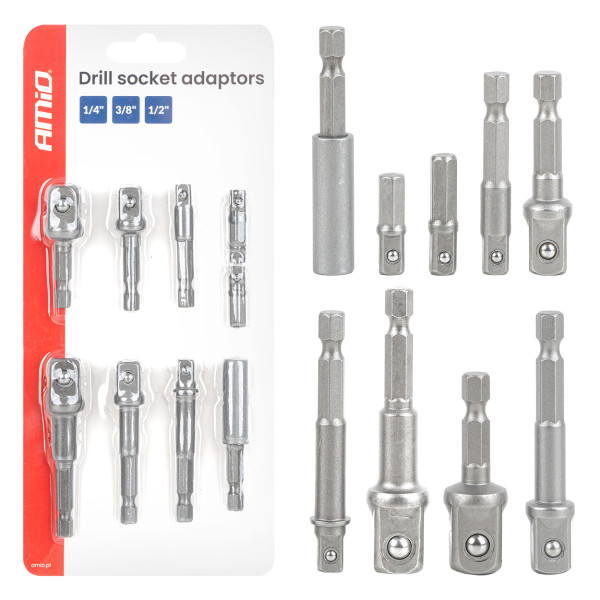 Steckschlüssel-Adapterset für Schraubendreher, 1/4" HEX, 1/4" / 3/8" / 1/2", 9-teilig, AMIO-04931