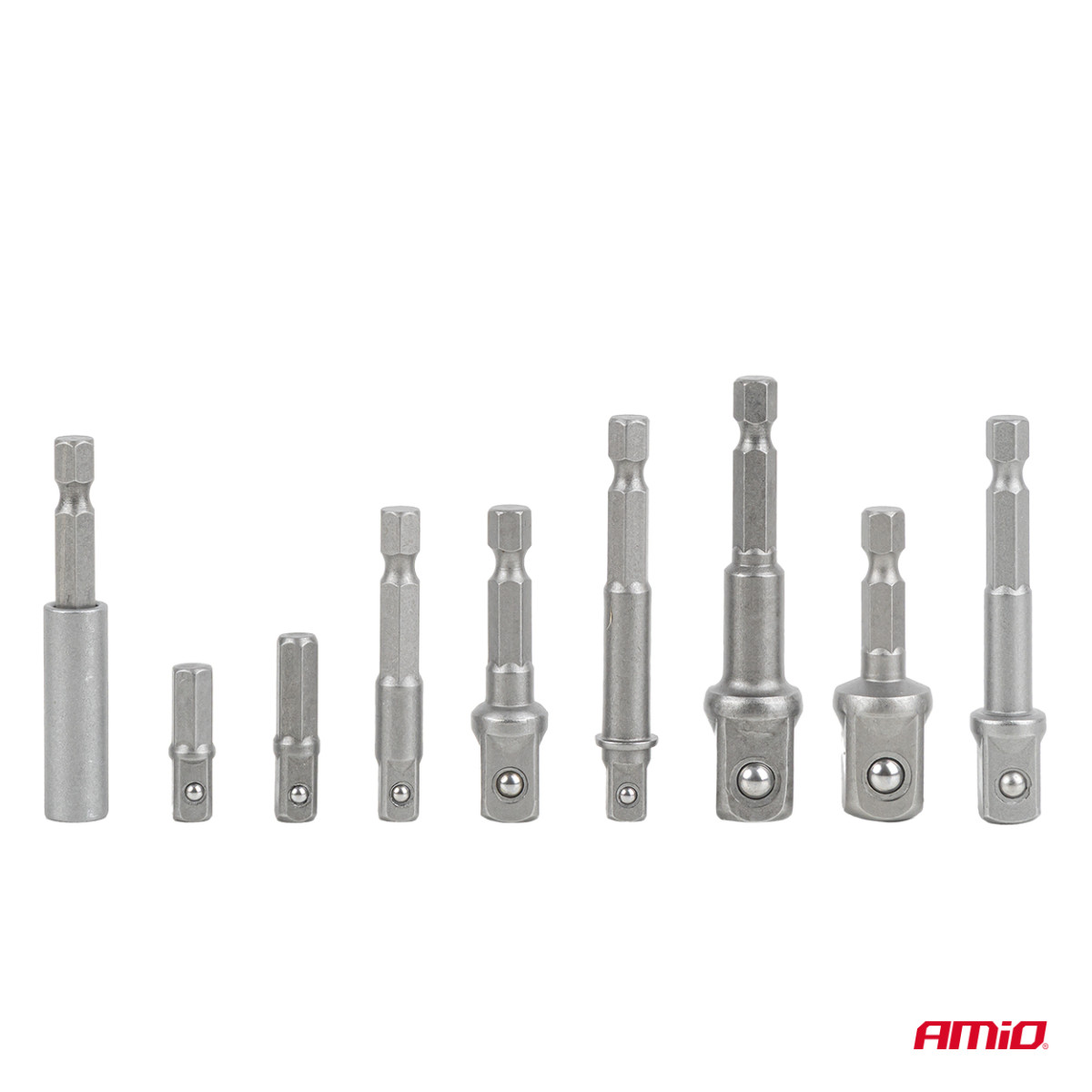 Steckschlüssel-Adapterset für Schraubendreher, 1/4" HEX, 1/4" / 3/8" / 1/2", 9-teilig, AMIO-04931