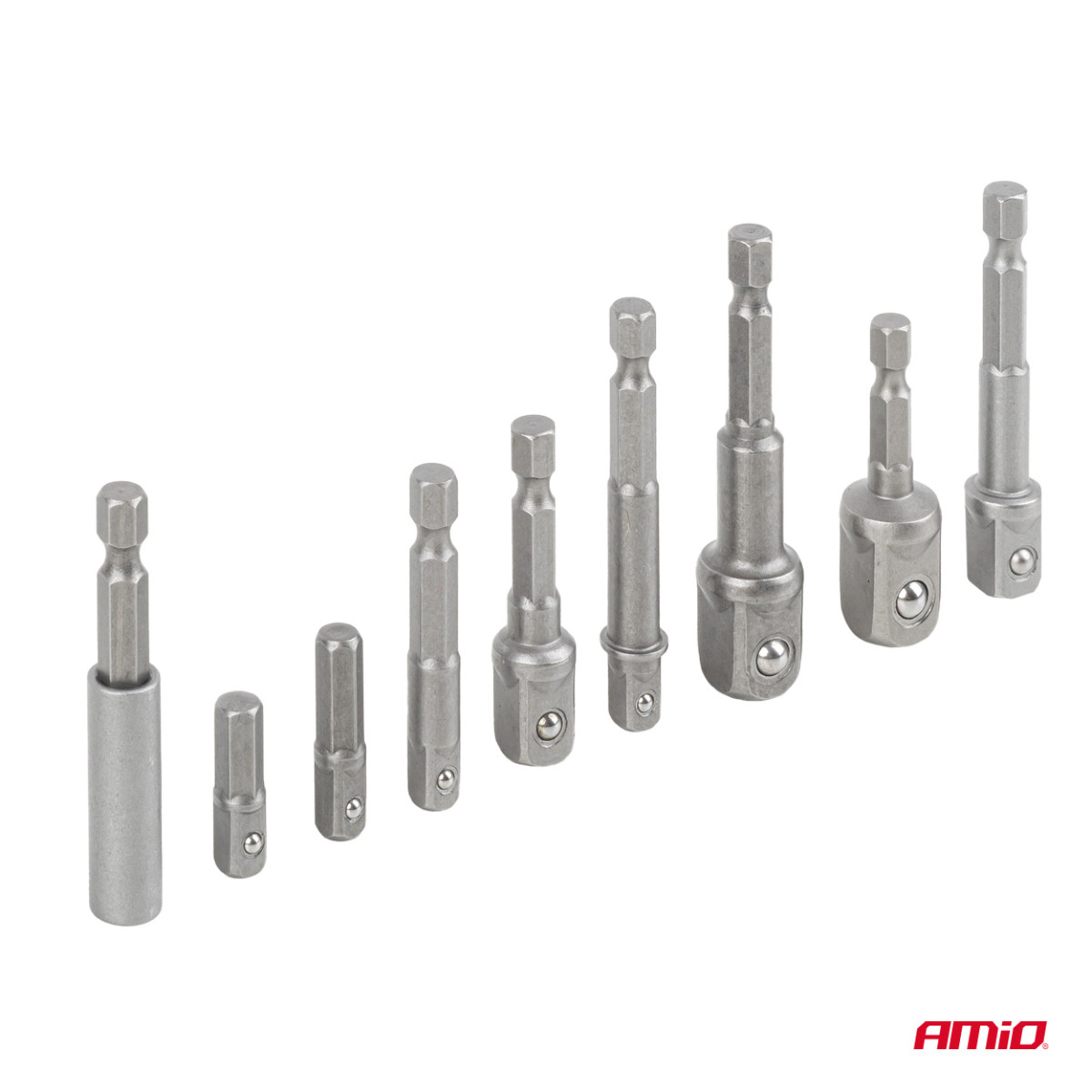 Steckschlüssel-Adapterset für Schraubendreher, 1/4" HEX, 1/4" / 3/8" / 1/2", 9-teilig, AMIO-04931