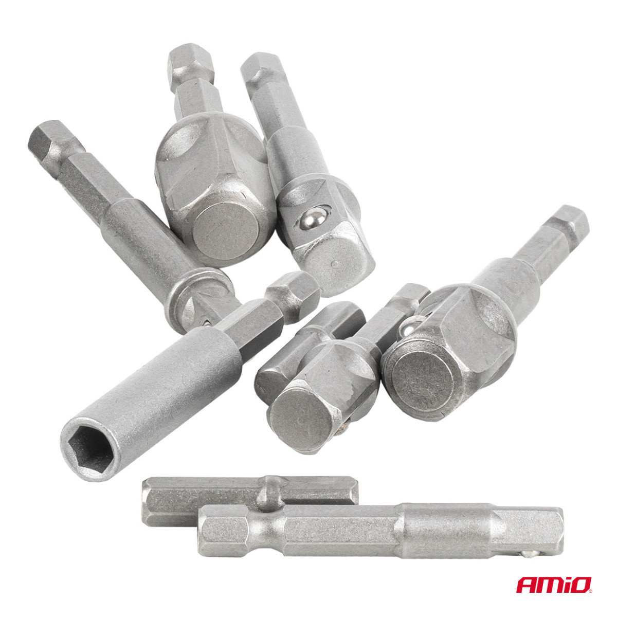 Steckschlüssel-Adapterset für Schraubendreher, 1/4" HEX, 1/4" / 3/8" / 1/2", 9-teilig, AMIO-04931
