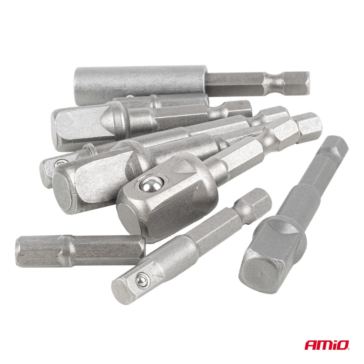 Steckschlüssel-Adapterset für Schraubendreher, 1/4" HEX, 1/4" / 3/8" / 1/2", 9-teilig, AMIO-04931