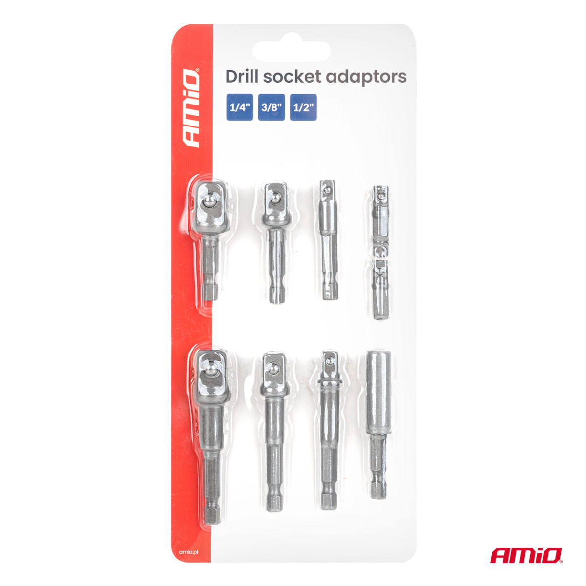 Steckschlüssel-Adapterset für Schraubendreher, 1/4" HEX, 1/4" / 3/8" / 1/2", 9-teilig, AMIO-04931