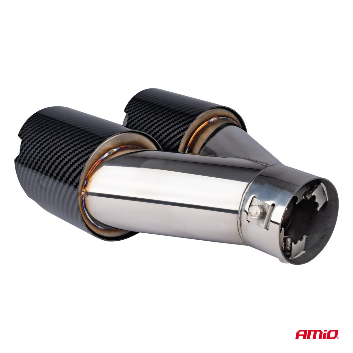 Auspuffendrohr 32–52 mm, Edelstahl, Carbon, doppelt, links, AMiO 04069