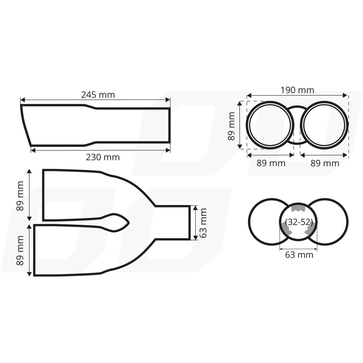 Auspuffendrohr 32–52 mm, Edelstahl, Carbon, doppelt, links, AMiO 04069
